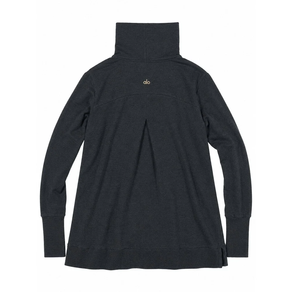 ALO Yoga Charcoal Gray/navy Turtleneck Pullover Sweatshirt Back Pleat Activewear